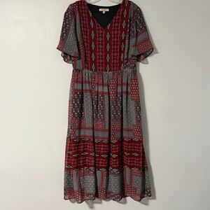 POLAGRAM Women's Midi Dress M Red Gray Patchwork Boho Flutter‎ Sleeve V Neck